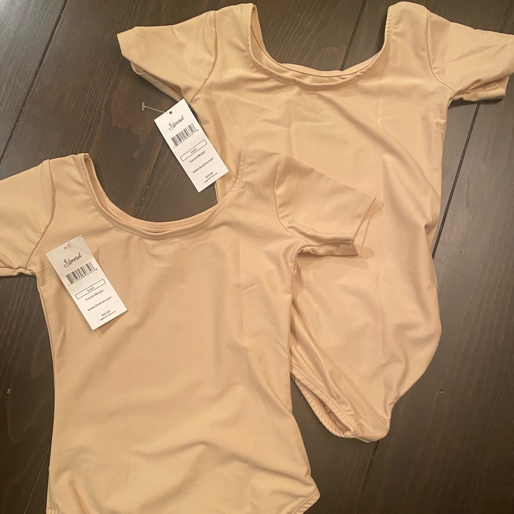 Two Leveret Girls Leotards Short Sleeve Ballet Dance size S beige NWT